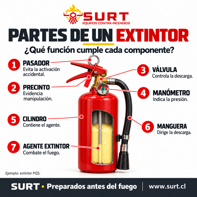 Partes de un extintor y qué función cumple cada componente